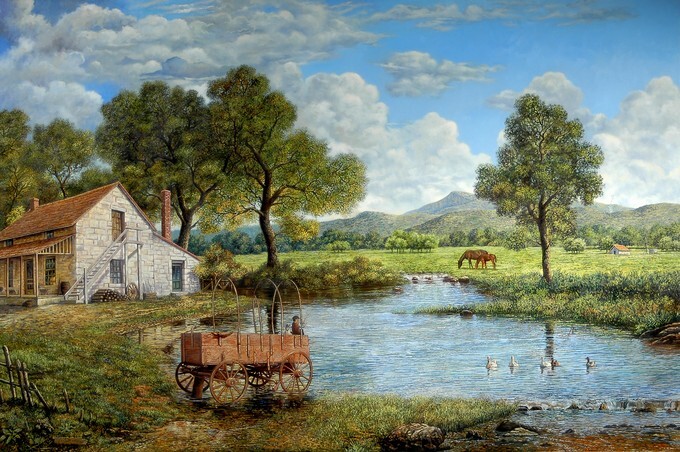 The Wagon, oil painting depicting a colorful landscape of a pristine countryside